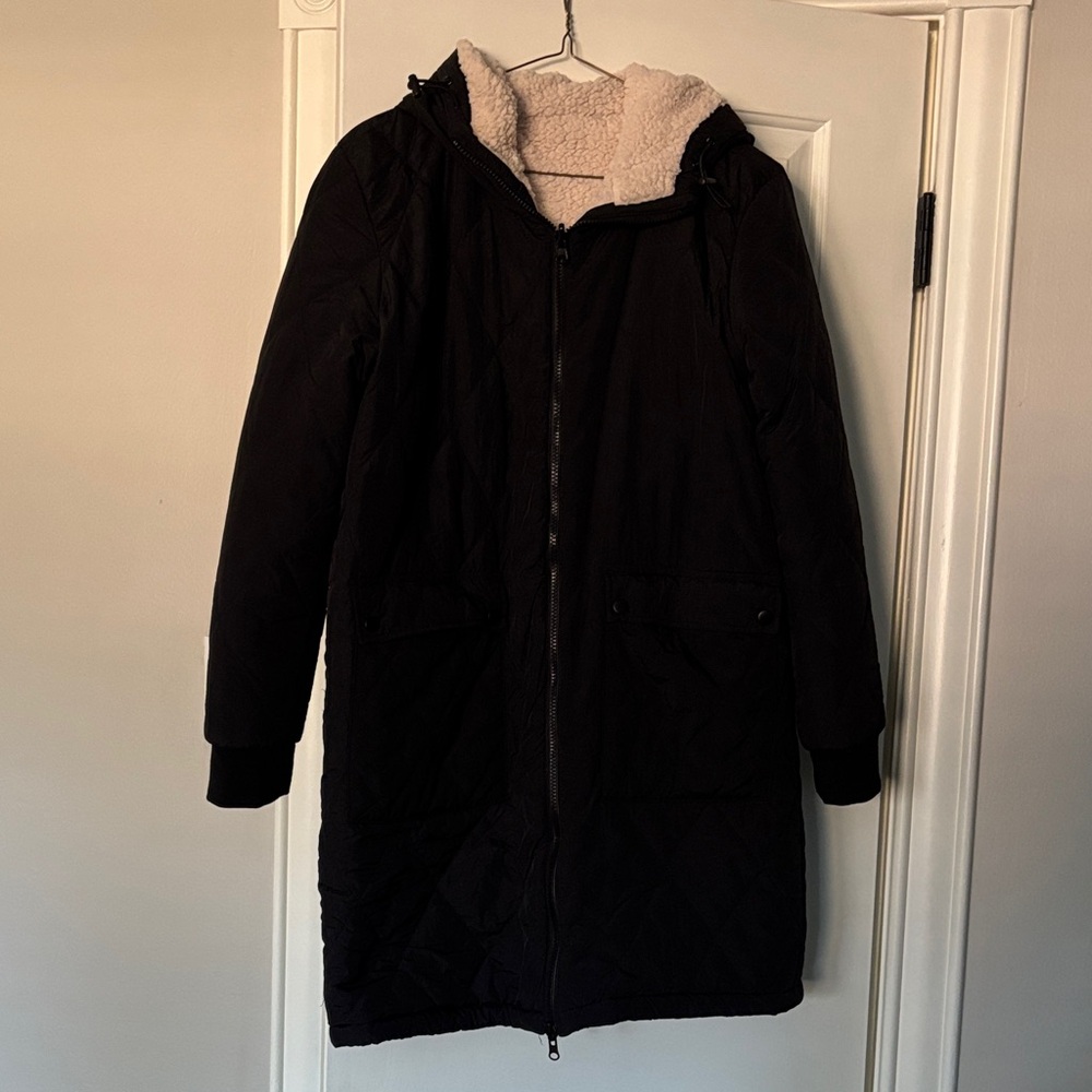 Black Hooded Long Coat with Sherpa Lining